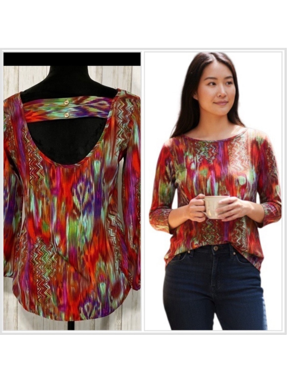 Newbury Kustom Abstract Top Long Sleeves back opening Blouse size small
